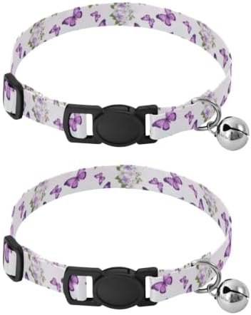 2 Pack Cats Collar Purple Butterflies Flowers Decorative Pet Collar with Bell, Adjustable Length 10.6" to 17.1"