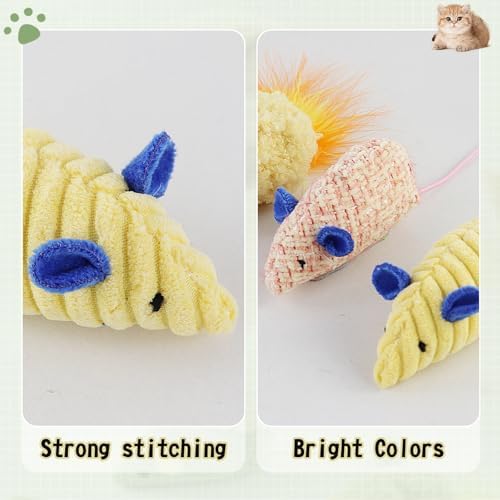 Andiker 3PCS Cat Mouse Toys, Colorful Catnip Toys for Cats with Rattle Box Ribbon Feather Interactive Cat Toys for Indoor Cats to Chew Bite Teeth Cleaning (Yellow)