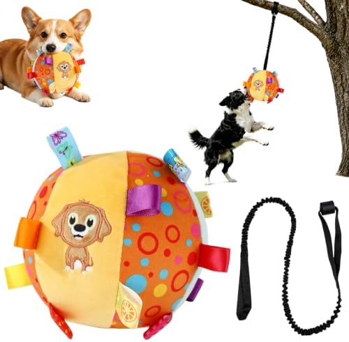 Colorful Squeaky Play Ball,Colorful Squeaky Hanging Dog Training Toy with 60 inch Elastic Ropes Soft with Bell 6-inch Soft Puppy Ball for Small Dogs & Puppies Indoor & Outdoor (Dog-A)