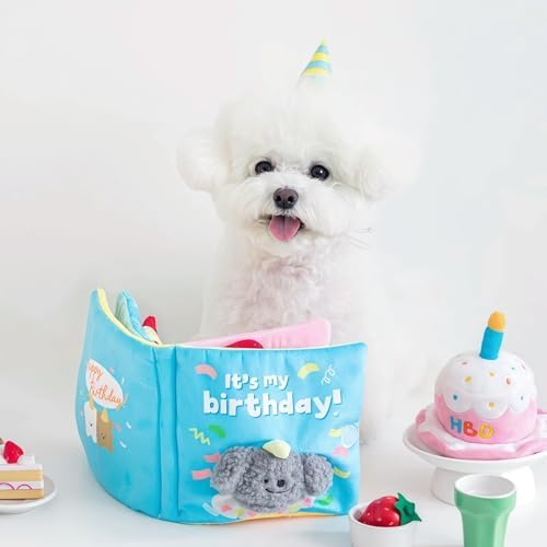 Cute Dog Birthday Toy Squeaky Snuffle Mat for Small Medium Dogs Interactive Plush Book Treat Puzzle for Puppy Crinkle Gifts (Blue)
