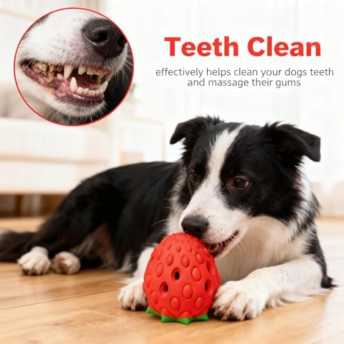 Strawberry Chew Toy for Dogs, Natural Rubber Balls for Aggressive Chews, Cleans Teeth and Gums, Treat Food Dispensing Toys, Indestructible Dog Toys, Toy for Dog Interactive
