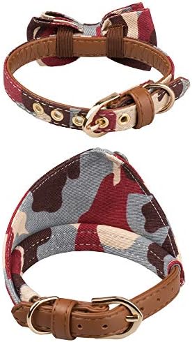 Small Dog Collar Set, 2Pcs Puppy Cat Collar with Bow Tie & Bandana, Durable PU Leather Canvas Tiny Pet Scarf for Small Breed Pets camo-red