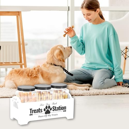 Dog Treat Container, Food Storage Container with 3 Plastic Dog Treat Jars, Reusable Cat Treat Container, Pet Treat Storage Organizer, Wood Dog Treat Holder, Dog Food Container for Dog Cat(white)