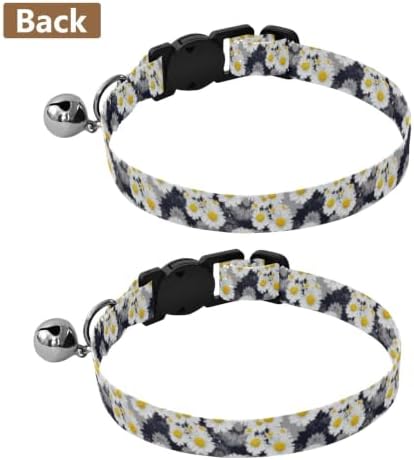 White Daisies Yellow Grey Flowers Bell Collar for Small Dogs 2 Pack Cats Collar Adjustable Length 10.6" to 17.1"