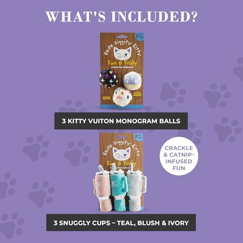 Haute Diggity Kitty Vuiton Monogram Balls+Snuggly Cups, Soft Plush Cat Toys