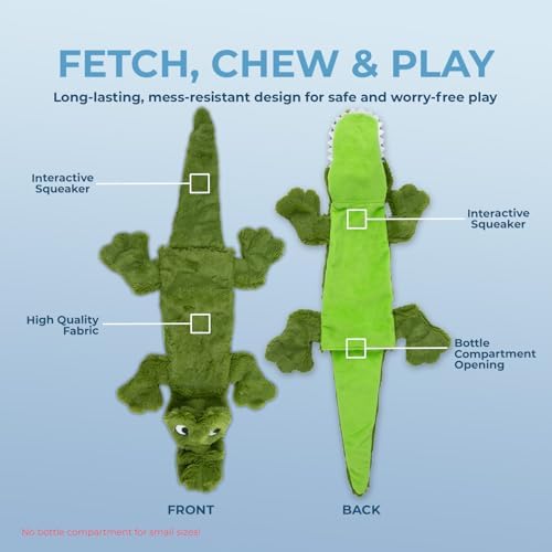 Best Pet Supplies 2-in-1 Stuffless Squeaky Dog Toy - Alligator, Medium | No-Stuffing, 2 built-in squeakers, No Mess, Soft, Holds a Plastic Bottle for Added play, Perfect for Moderate chewers