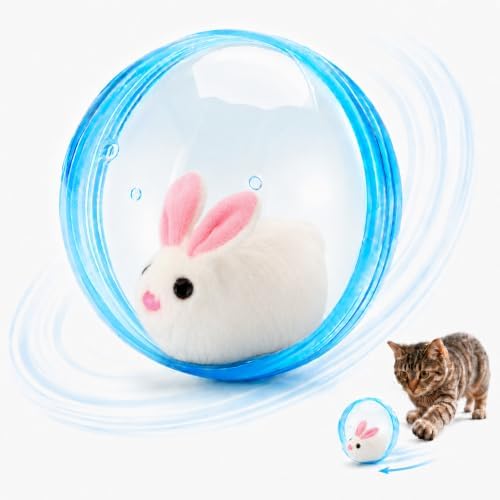Self Rolling Interactive Cat Ball, Automatic Moving Cat Toy with Plush Animal Inside, 360° Rolling Cat Chasing Ball with Transparent Ball for Cats Dogs Small Pets (Blue,Rabbit)