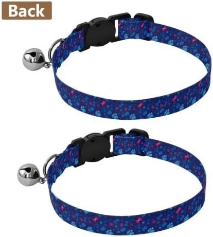 2 Pack Puppy Collar Cute Paw and Bone Navy Kitten Bell Collar, Adjustable Length 10.6" to 17.1"