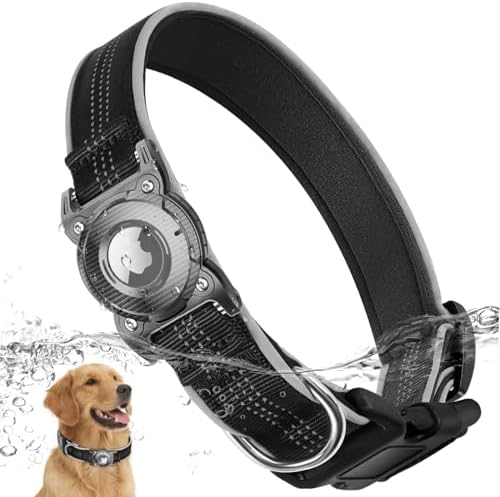 ONEONTA Airtag Dog Collar | Waterproof Airtag Dog Collar Holder with Removable Metal Loop - Airtag Collar Heavy Duty, Reflective, Ultra-Durable, Comfortable Padded, for Small Medium Large Dog, Black S