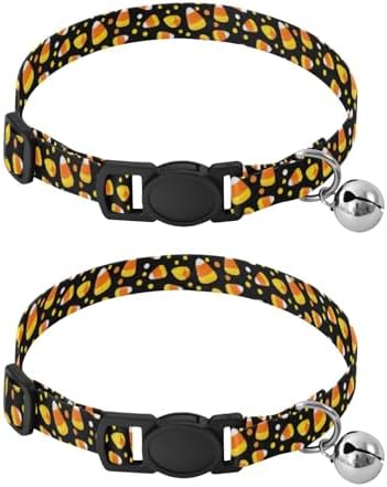 2 Pack Kitten Collars Halloween Candy Corn Black Dog Collar with Bell, Adjustable 10.6 to 17.1 Inches