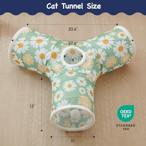 Tempcore Cat Tunnel, 3-Way Collapsible Toy for Indoor Cats, Daisy Green