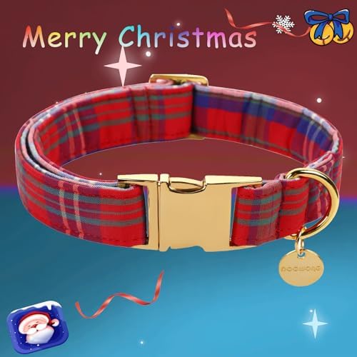 DOGWONG Cotton Dog Collar with Bowtie, Stylish Christmas Red Plaid Dog Collar Adjustable Puppy Necklace for Small and Medium Dogs