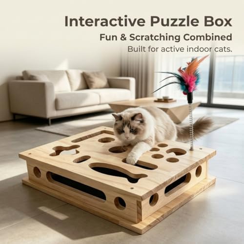 Cat Scratch Puzzle Enrichment Box, Interactive Cat Nail File with Sandpaper Liner for Claw Care, No-Stress Alternative to Clippers and Grinders for Indoor Cats