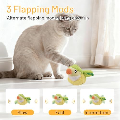 Puffluv Flapping Cat Toy,Interactive Parrot Green Flapping Bird CAN NOT Fly,Auto Chirping & Beating Wings 4 Modes, USB Charging with Catnip for Indoor Kittens Active Fun-GreenBird