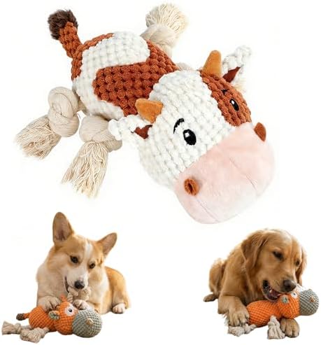 Squeaky Plush Duck Dog Toy for Aggressive Chewers with Built-in Sound (Orange White Cow)