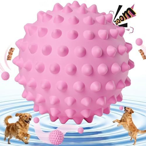 3.5" Durable Squeaky Dog Ball Toy for Puppy Medium Large Dogs(25-80 lbs): Bacon Flavored Pink Spiky Rubber Bouncing Floating Balls for Dogs, Tough Large Outdoor Dog Water Fetch Toys, Dog Gifts