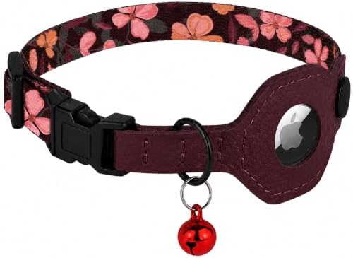 Breakaway Cat Collar with Leather AirTag Holder & Bell - Apple Air Tag Cat Collars for Girls & Boys, Lightweight Anti-Lost GPS Tracker Design, Printed Pattern - Safety and Adjustable (Crossandra)