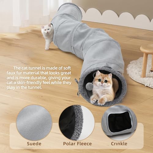 Pet Cat Tunnel Tube Cat Toys 2 Way Collapsible, Tunnels for Indoor Cats,S-Shaped Play Tube with Peephole and Hanging Ball,10.5" Maze Cats House for Puppies, Rabbits, Kitty, Kitten,Ferrets