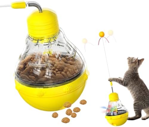 Cat Interactive Toy, Slow Food Dispenser Feeder, Tumbler Design with Teaser Wand & Glowing Ball, Funny Kitten Treats for Indoor Cats Exercise and Boredom Relief (Yellow)