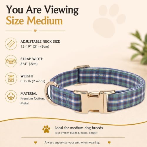 Medium Dog Collar Plaid, Soft Cotton, Metal Clasp, Highland Blue Tartan