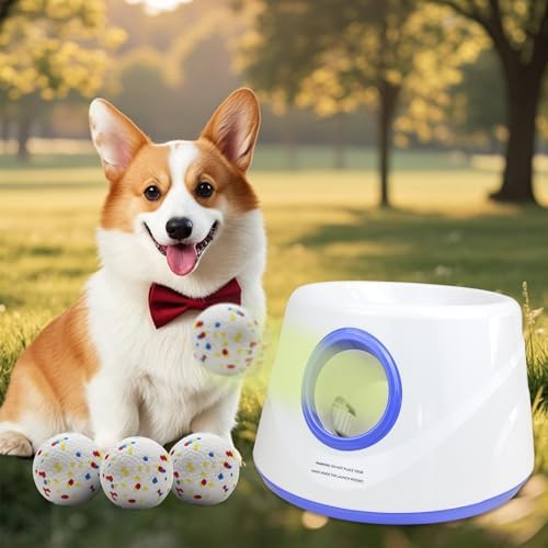 MEKAPLE Automatic Dog Ball Launcher, Upgraded Interactive Dogs Balls Thrower for Small Dogs, Distance Adjustable Mental Stimulating Dog Toys with 4 Durable Etpu Balls 2.2 Inch (Blue)