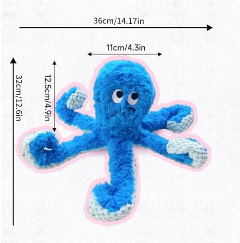 TRAVEYO Blue Octopus Dog Toys with Squeaker，Dog Treat Toys with Soft Rope Tentacles with Treat Hiding Pockets, 14.17 Inches