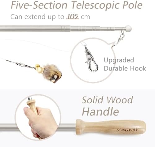 SONGWAY Cat Toys Feather Wand - Retractable Cat Wand Toy and 8 Pieces Insect Cat Feather Toys with Bell, Interactive Cat Toys for Indoor Cats Kittens