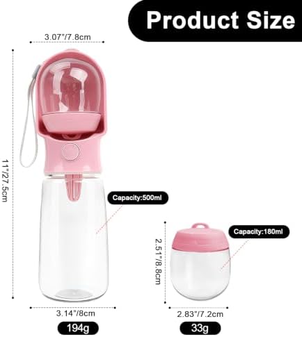 Pink Large Portable Dog Water Bottle with Food Container