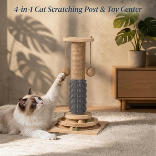 4-in-1 Solid Wood Cat Scratching Post with Self-Groomer, Medium Size