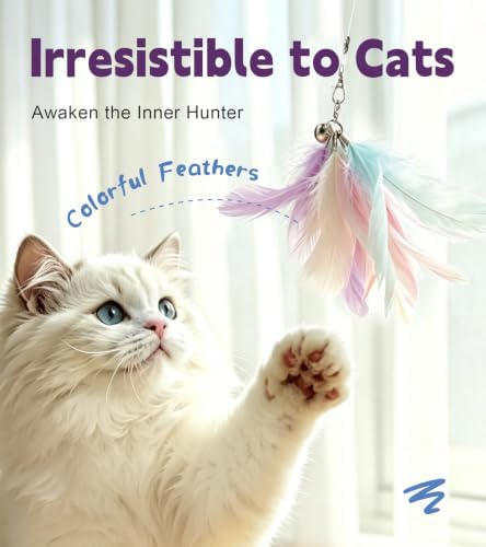 SONGWAY Interactive Cat Wand Toy Set - Retractable Cat Teaser Wand with 8 Cat Toy Attachments, Dragonfly Butterfly Bird Mouse Yarn Ball Tassel Feather Cat Toy Refills for Indoor Cats Kittens, Purple
