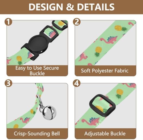 Tropical Dino Mint Dog Collar with Bell 2 Pack Pet Collar Adjustable 10.6 to 17.1 Inches