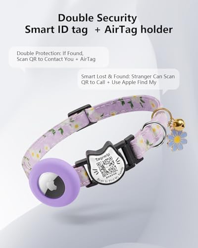 Smart Breakaway Cat Collar with QR Code Pet ID, Built-in AirTag Holder, Adjustable Cotton Cat Collar with Bell for Kittens and Adult Cats ，Pastoral Style with airtag Holder(Purple)