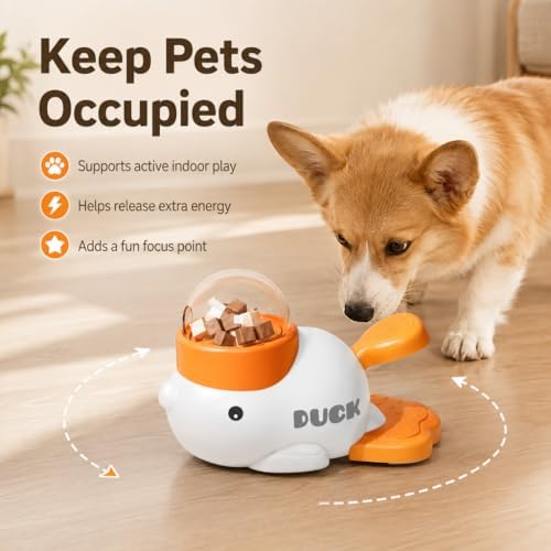 Interactive fuzzibud cat Treat Toy & Duck Treat Dispenser for Dogs - Slow Feeder cat Feeder Puzzle for Boredom Relief, Puzzle Toy with 3 Lids (Little White Duck Food Spiller)