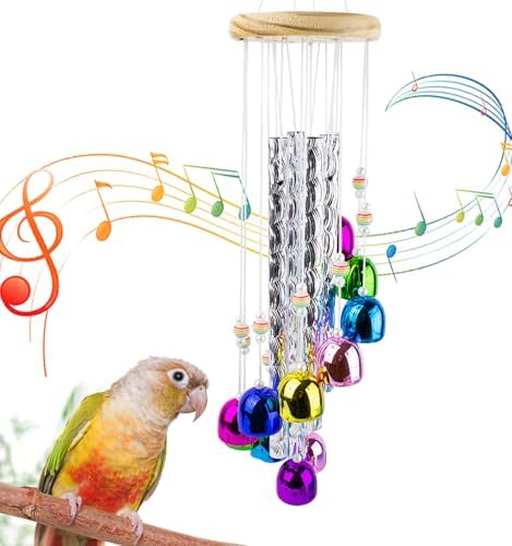 FlidRunest Bird Toys, Conure Wind Chimes Chewing Toy with Colorful Stick, Parakeet Toys 4 Aluminum Tubes 11 Bells, Parrot Cage Windchime Hanging Bells Toys for Conure, Parakeet, Cockatiel