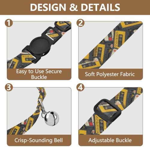 Retro Cassette Tapes Cat Collars with Bell 2 Pack Pet Collar Adjustable 10.6 to 17.1 Inches