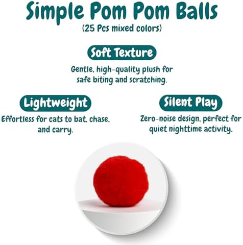 50 Count 1.2 Inches Pom Pom Balls with Cat Ball Launcher, Interactive Cat Toy for Indoor Kittens, 25 Pcs Sparkle and 25 Pcs Simple Pompoms are Included for Exercise, Training & Boredom Relief