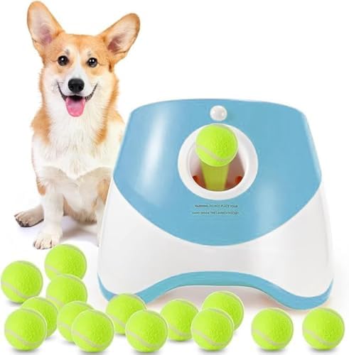 MEKAPLE Automatic Dog Ball Launcher, Dog Ball Thrower Machine with 10-30Ft 3 Launching Distance, Interactive Toys for Small-Medium Dogs Indoor & Outdoor with 15 Mini Tennis Balls (2 inch) -Blue