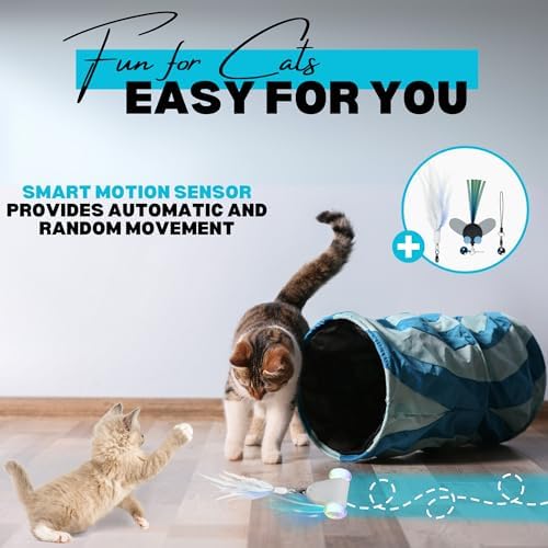 Rolling Rover – Interactive Cat Toy with RGB Wheels, Automatic Moving Mouse-Shaped Design, Feather Butterfly and Bell Attachments, Smart Motion Activated for Indoor Cats & Kittens (Blue)
