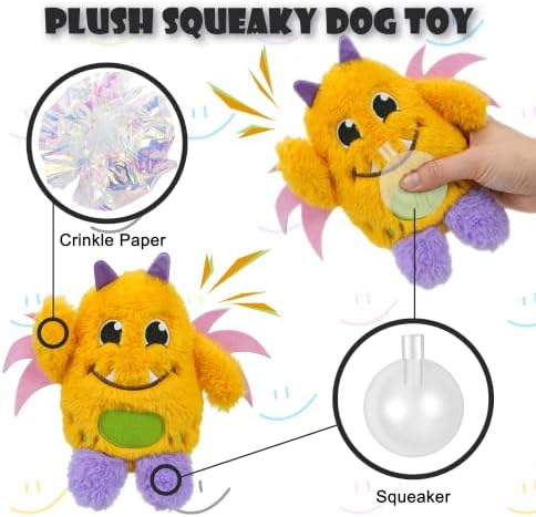 Monster Plush Squeaky Dog Toy Crinkle Dog Chew Toy for Small Medium Large Dogs, Orange