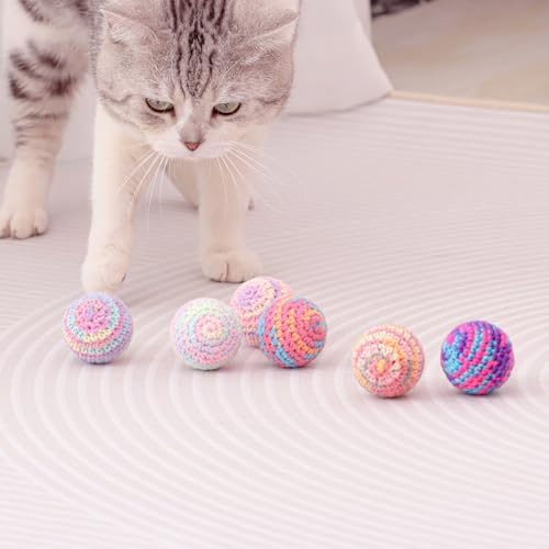 Cats Ball Toy with Bell Inside, 6Pcs Colorfull Hand-Made Knitted Yarn Woolen Cat Toys Jingle Bell Balls, Kitten Indoor Interactive Toys for Hunting/Kicking/Chasing