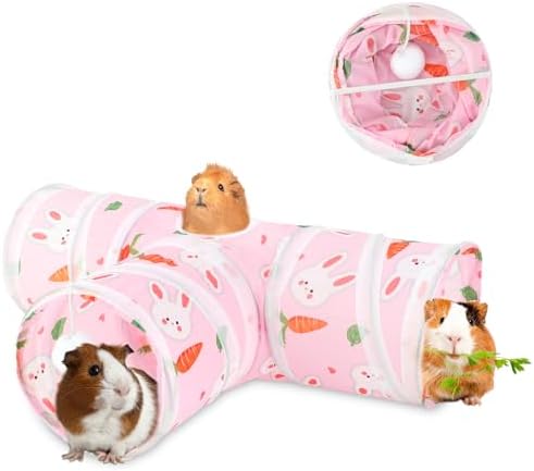 YUEPET Guinea Pig Tunnel, Guinea Pig Toys, 3-Way Play Tunnel Hideout, Pink