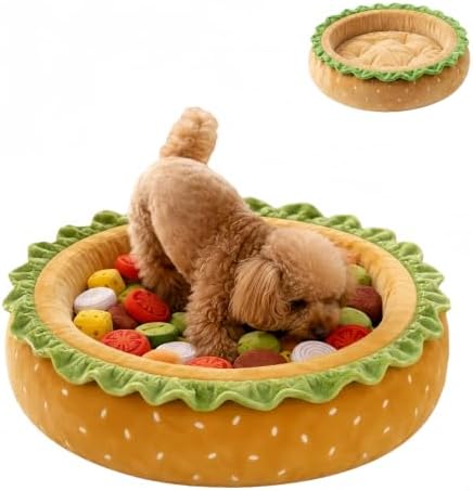 3-in-1 Hamburger Shaped Pet Bed, Funny Snuffle Mat Interactive Foraging Toy, Detachable Vegetable Food Pieces Enrichment Dog Bed, Round Pet Rest Bed for Small Medium Dogs Indoor Daily Use