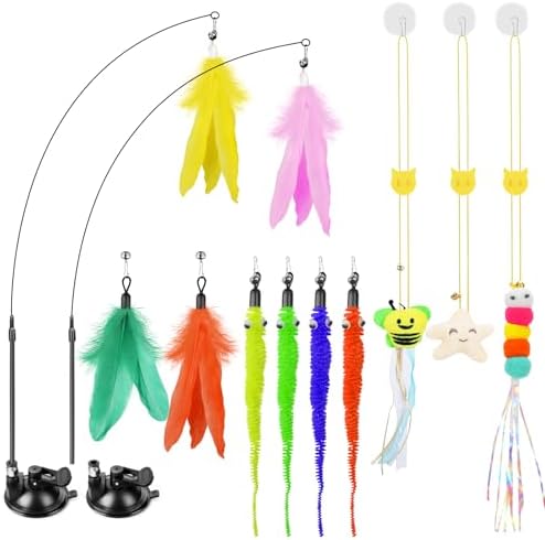 Cat Wand Toy, Interactive Kitten Feather Toys Self Play, Cat Teaser for Indoor Cats Reusable Suction Cup Toys for Indoor Cats Kittens Play Exercise