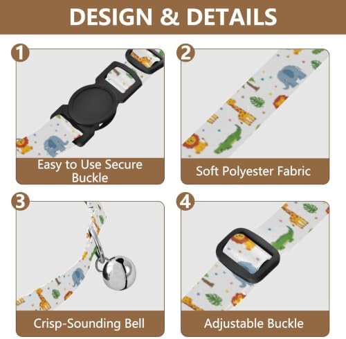 Cute Cartoon Safari Animals Cat Collars with Bell 2 Pack Small Dog Collar Adjustable 10.6 to 17.1 Inches