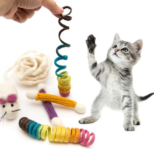 Glaciart One Indoor Catnip Cat Toy Pack - 5pc | Kitty Toys Include Wool Springs, Swabs & Mouse | for Activity, Exercise & Play | Filled w/Organic Catnip to Excite/Calm Pet | Great Gift Idea