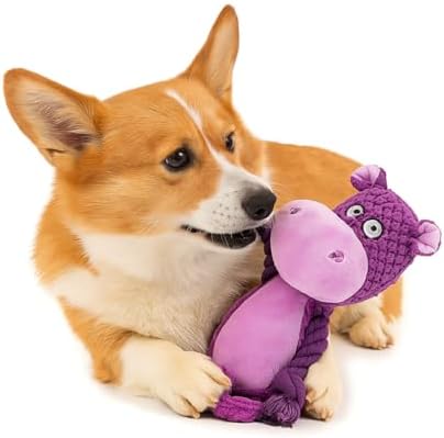 Plush Hippo Dog Toy with Squeaker and Crinkle Paper for Puppies
