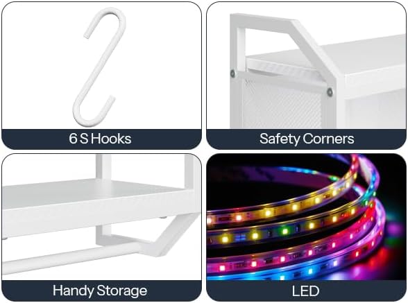 HOOBRO Gaming Floating Shelves with LED Lights, 28.7" LED Wall Mounted Shelf, 3-Tier Display Rack for Wall Storage, Floating Rack with Hanging Rod and 6 S-Hooks, for Gaming Room, White WT70DBJ01