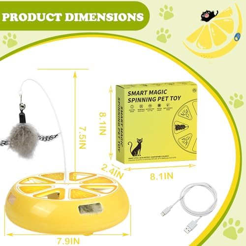 Puffluv Interactive Cat Toy,2 in 1Fruite Shape Toys with Electric Moving Concealed and Hanging Feathers Pop and Play Hide Seek, Hunting,Tpye-C Rechargeable-Yellow Lemon