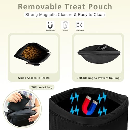 Puppy Dog Treat Pouches for Pet Training Treat Bag, Dog Walking Fanny Pack with Carabiner, Built-in Poop Bag Dispenser & Reuse Dog Poop Holder, Puppy Pet Treat Waist Belt (Black)