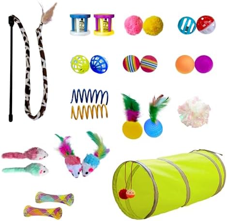 PetLike 25pcs Interactive Cat Toys Set Collapsible Cat Tunnel Interactive Feather Teaser Wand,Spring Toys & Balls for Indoor Cats (Green, 25x55cm)
